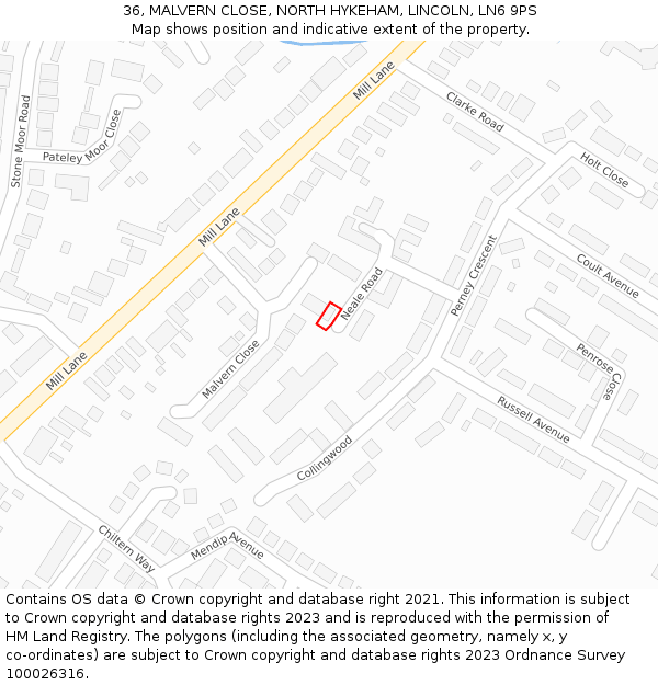 36, MALVERN CLOSE, NORTH HYKEHAM, LINCOLN, LN6 9PS: Location map and indicative extent of plot