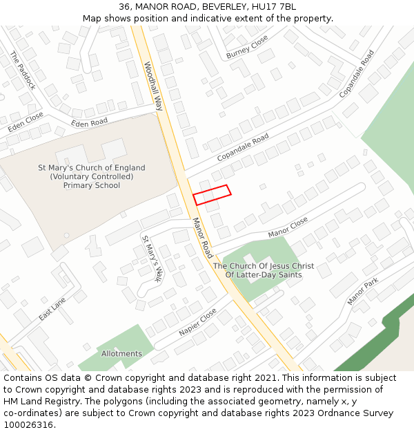 36, MANOR ROAD, BEVERLEY, HU17 7BL: Location map and indicative extent of plot