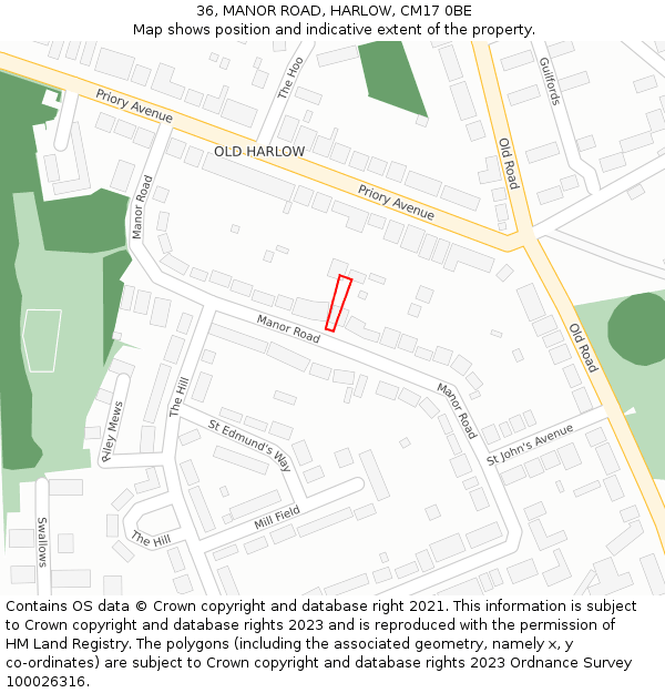 36, MANOR ROAD, HARLOW, CM17 0BE: Location map and indicative extent of plot