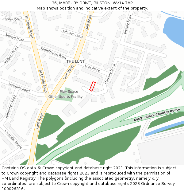 36, MARBURY DRIVE, BILSTON, WV14 7AP: Location map and indicative extent of plot