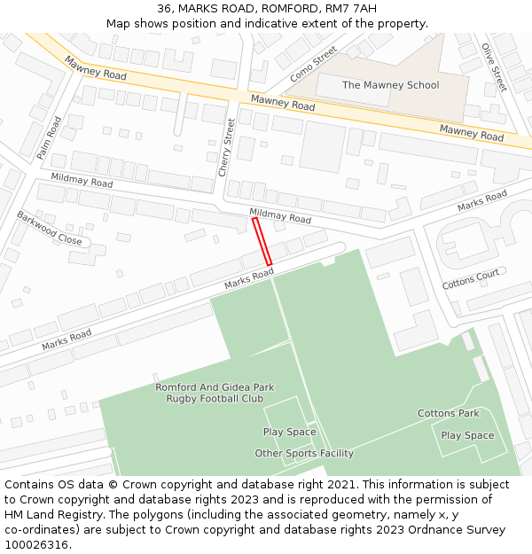 36, MARKS ROAD, ROMFORD, RM7 7AH: Location map and indicative extent of plot