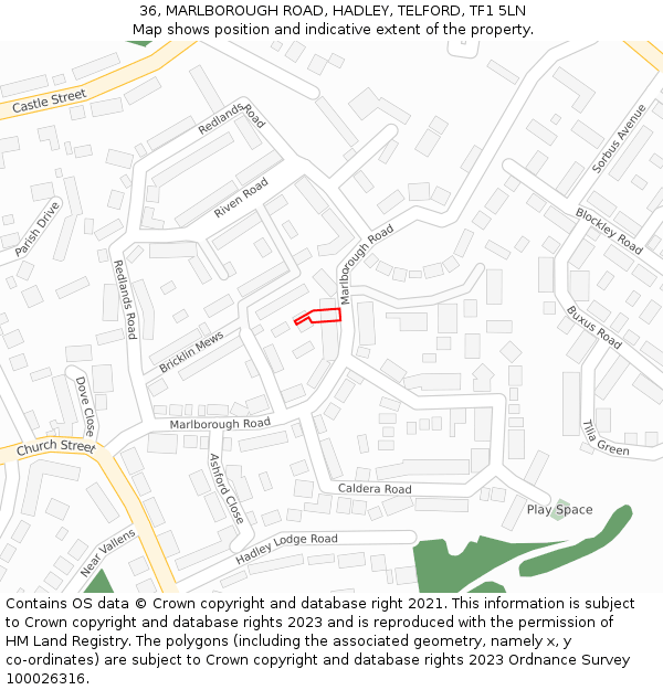 36, MARLBOROUGH ROAD, HADLEY, TELFORD, TF1 5LN: Location map and indicative extent of plot