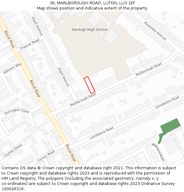 36, MARLBOROUGH ROAD, LUTON, LU3 1EF: Location map and indicative extent of plot