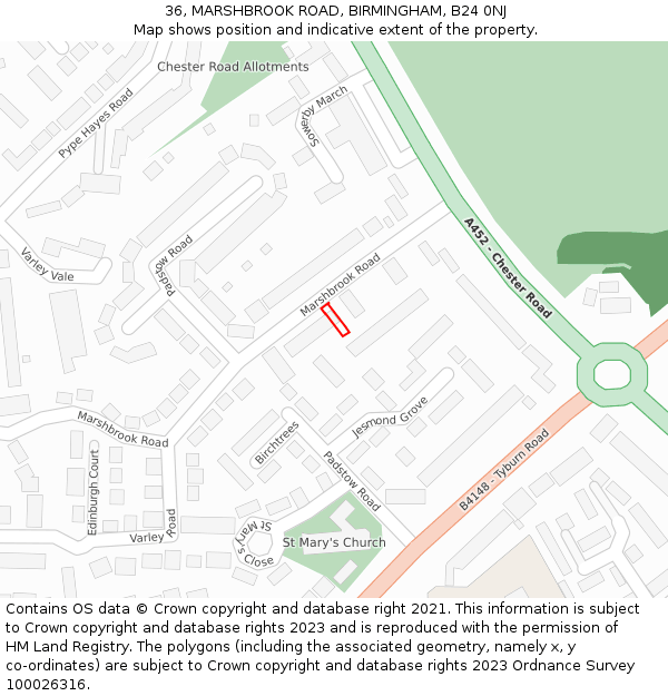 36, MARSHBROOK ROAD, BIRMINGHAM, B24 0NJ: Location map and indicative extent of plot