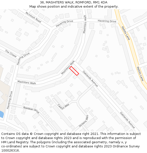 36, MASHITERS WALK, ROMFORD, RM1 4DA: Location map and indicative extent of plot