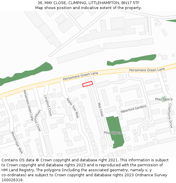 36, MAY CLOSE, CLIMPING, LITTLEHAMPTON, BN17 5TF: Location map and indicative extent of plot