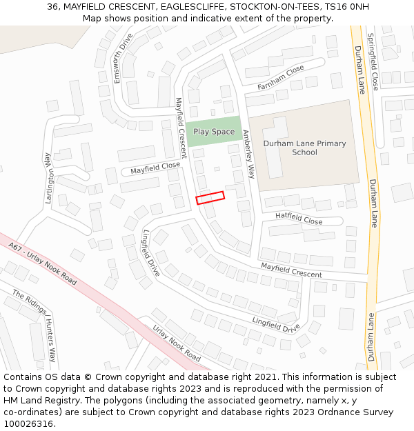 36, MAYFIELD CRESCENT, EAGLESCLIFFE, STOCKTON-ON-TEES, TS16 0NH: Location map and indicative extent of plot