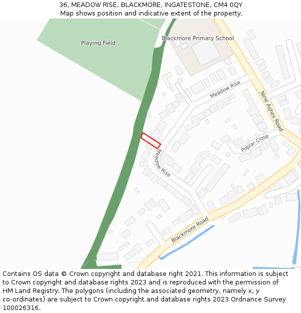 36, MEADOW RISE, BLACKMORE, INGATESTONE, CM4 0QY: Location map and indicative extent of plot