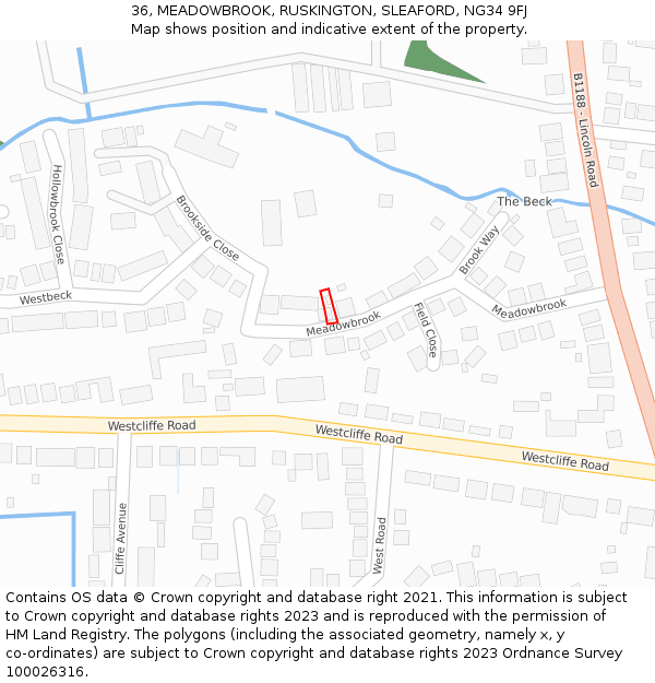 36, MEADOWBROOK, RUSKINGTON, SLEAFORD, NG34 9FJ: Location map and indicative extent of plot