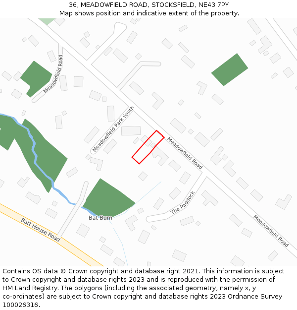 36, MEADOWFIELD ROAD, STOCKSFIELD, NE43 7PY: Location map and indicative extent of plot