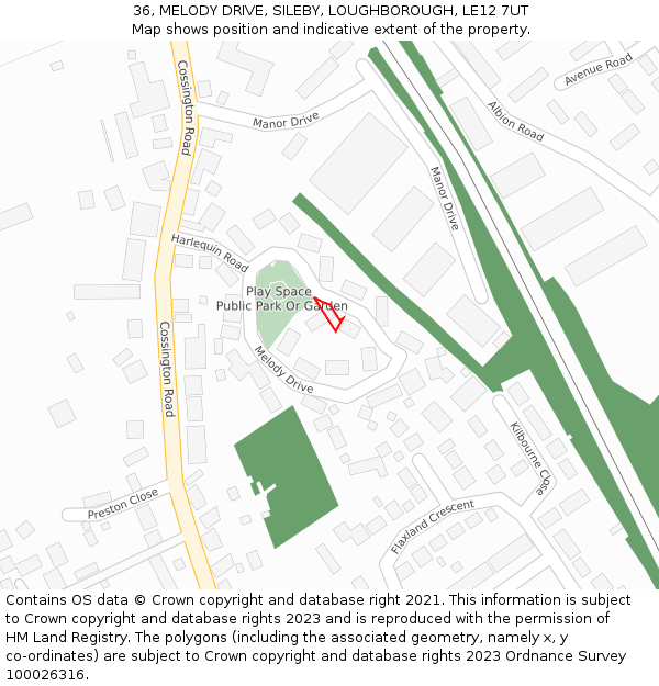 36, MELODY DRIVE, SILEBY, LOUGHBOROUGH, LE12 7UT: Location map and indicative extent of plot