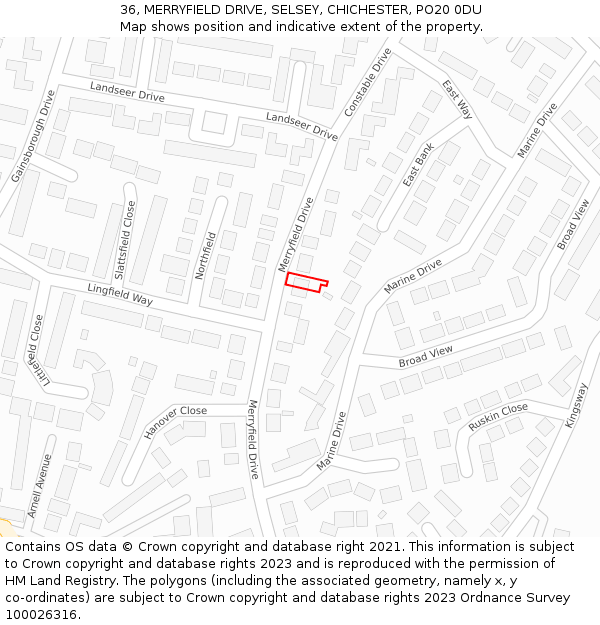 36, MERRYFIELD DRIVE, SELSEY, CHICHESTER, PO20 0DU: Location map and indicative extent of plot