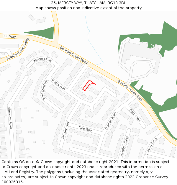 36, MERSEY WAY, THATCHAM, RG18 3DL: Location map and indicative extent of plot