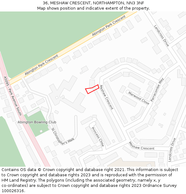 36, MESHAW CRESCENT, NORTHAMPTON, NN3 3NF: Location map and indicative extent of plot