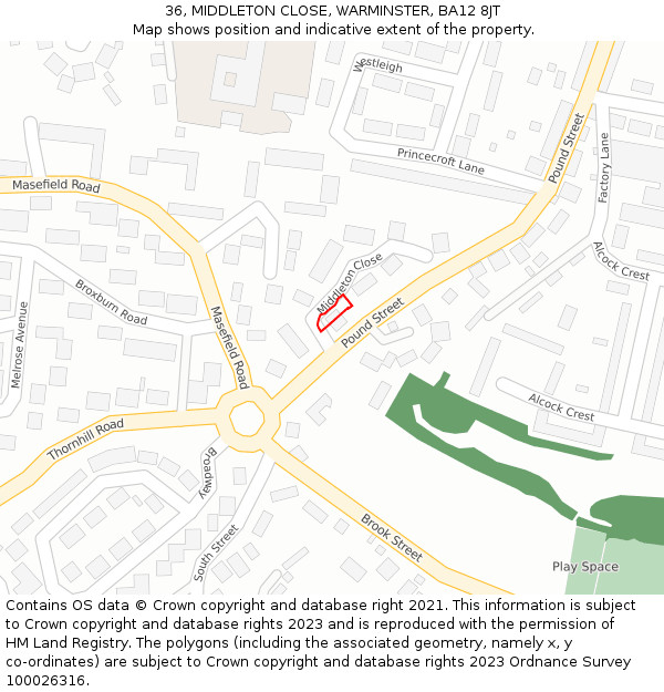 36, MIDDLETON CLOSE, WARMINSTER, BA12 8JT: Location map and indicative extent of plot