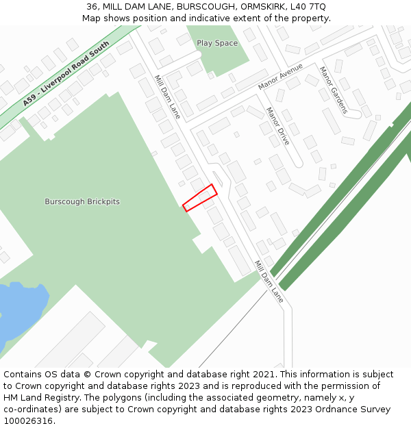 36, MILL DAM LANE, BURSCOUGH, ORMSKIRK, L40 7TQ: Location map and indicative extent of plot