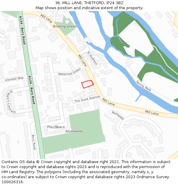 36, MILL LANE, THETFORD, IP24 3BZ: Location map and indicative extent of plot