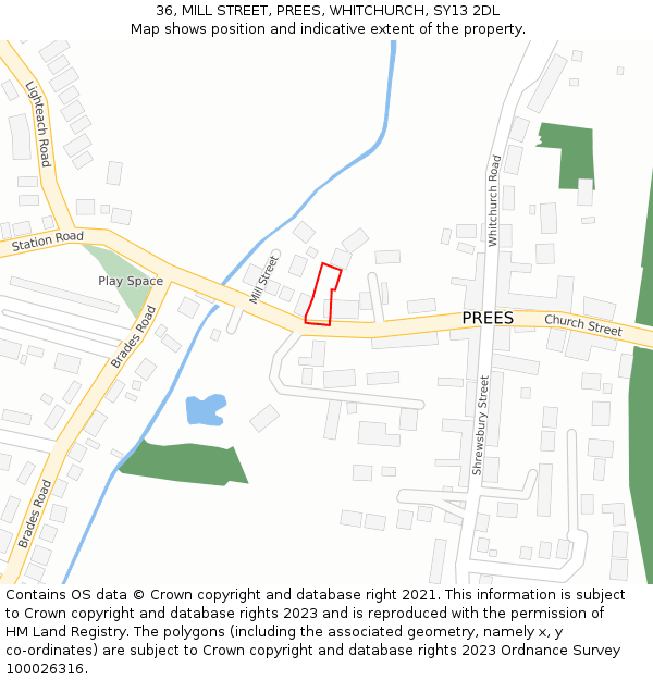 36, MILL STREET, PREES, WHITCHURCH, SY13 2DL: Location map and indicative extent of plot