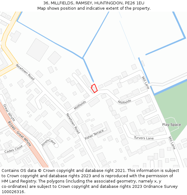 36, MILLFIELDS, RAMSEY, HUNTINGDON, PE26 1EU: Location map and indicative extent of plot