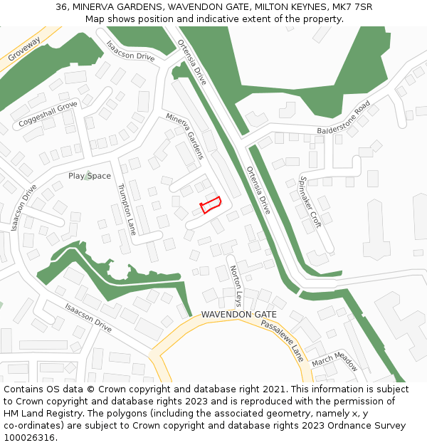 36, MINERVA GARDENS, WAVENDON GATE, MILTON KEYNES, MK7 7SR: Location map and indicative extent of plot