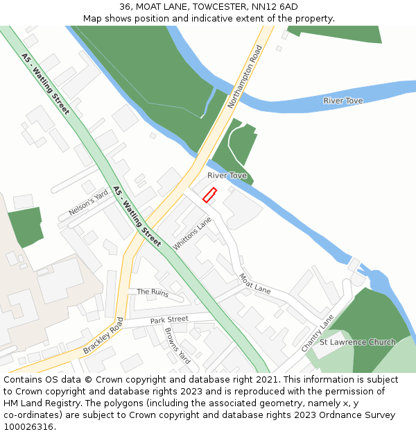 36, MOAT LANE, TOWCESTER, NN12 6AD: Location map and indicative extent of plot