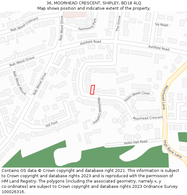 36, MOORHEAD CRESCENT, SHIPLEY, BD18 4LQ: Location map and indicative extent of plot