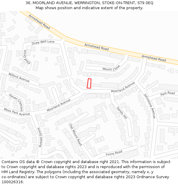 36, MOORLAND AVENUE, WERRINGTON, STOKE-ON-TRENT, ST9 0EQ: Location map and indicative extent of plot