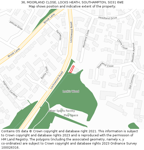 36, MOORLAND CLOSE, LOCKS HEATH, SOUTHAMPTON, SO31 6WE: Location map and indicative extent of plot