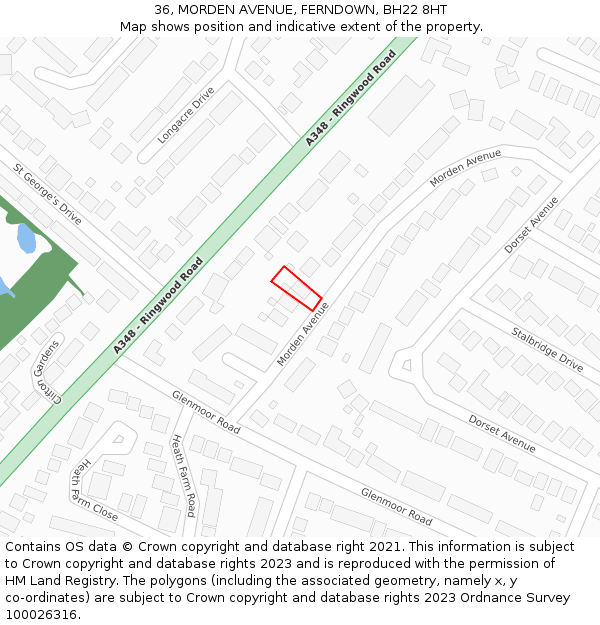 36, MORDEN AVENUE, FERNDOWN, BH22 8HT: Location map and indicative extent of plot