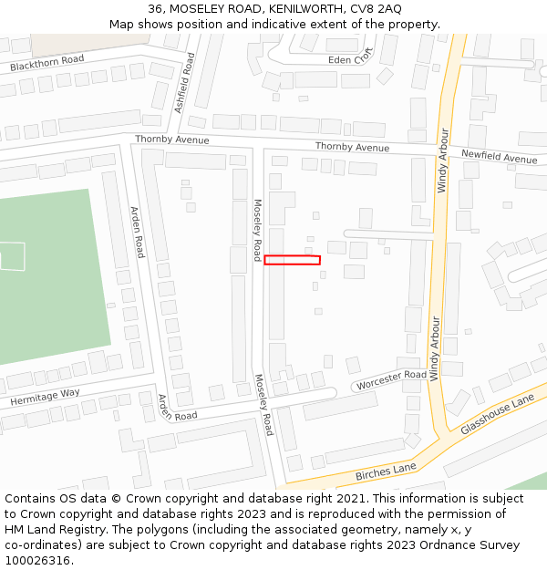 36, MOSELEY ROAD, KENILWORTH, CV8 2AQ: Location map and indicative extent of plot