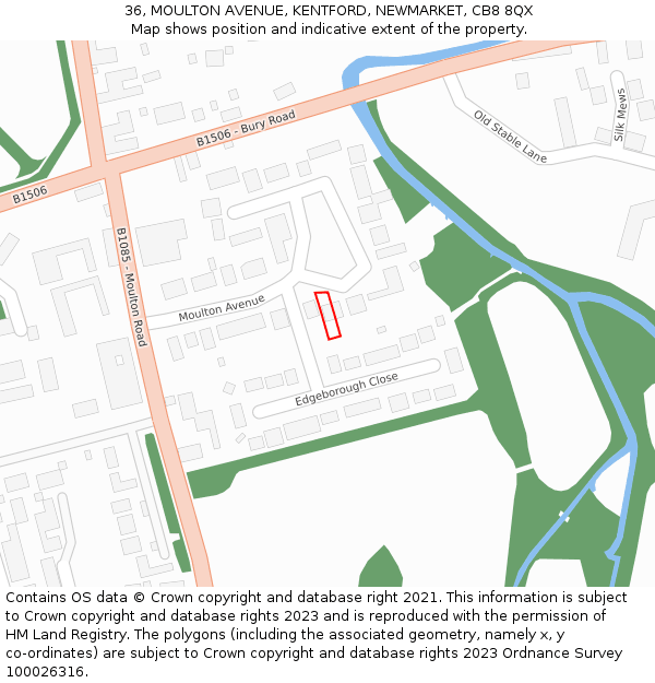 36, MOULTON AVENUE, KENTFORD, NEWMARKET, CB8 8QX: Location map and indicative extent of plot