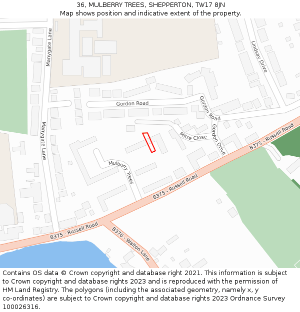 36, MULBERRY TREES, SHEPPERTON, TW17 8JN: Location map and indicative extent of plot