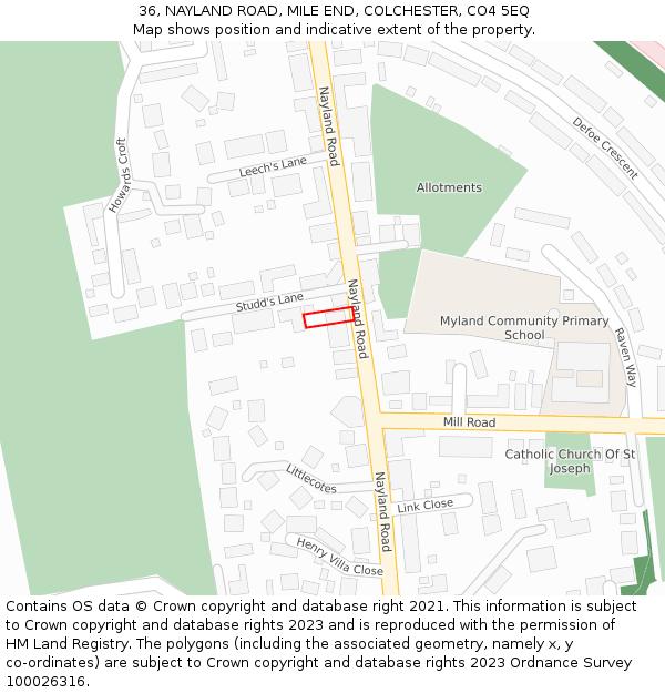 36, NAYLAND ROAD, MILE END, COLCHESTER, CO4 5EQ: Location map and indicative extent of plot