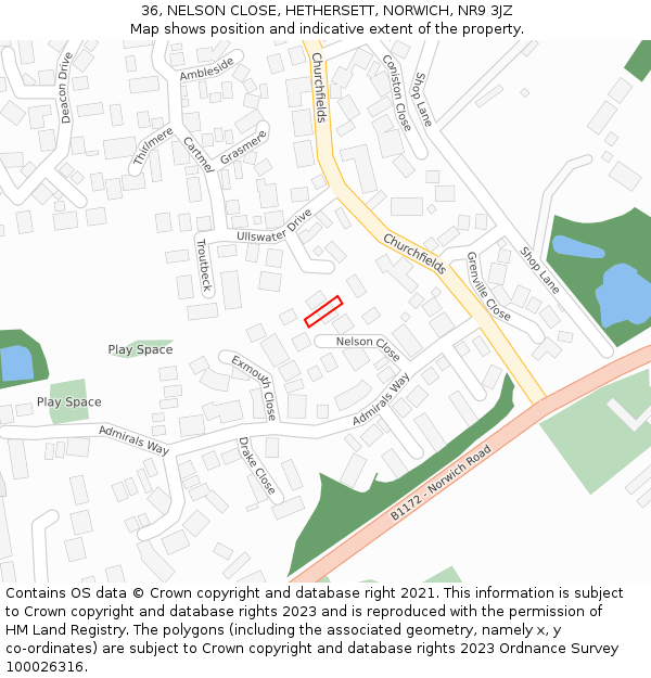 36, NELSON CLOSE, HETHERSETT, NORWICH, NR9 3JZ: Location map and indicative extent of plot