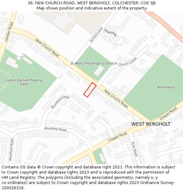 36, NEW CHURCH ROAD, WEST BERGHOLT, COLCHESTER, CO6 3JE: Location map and indicative extent of plot