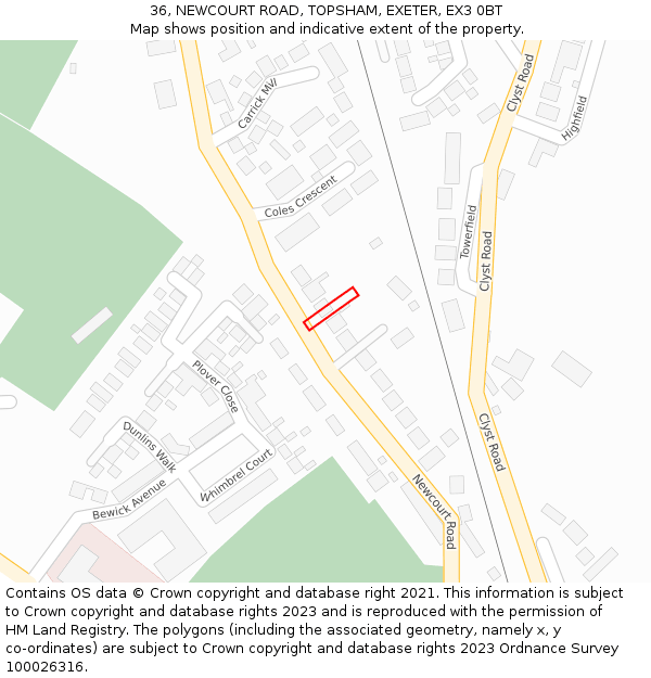 36, NEWCOURT ROAD, TOPSHAM, EXETER, EX3 0BT: Location map and indicative extent of plot