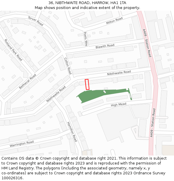 36, NIBTHWAITE ROAD, HARROW, HA1 1TA: Location map and indicative extent of plot