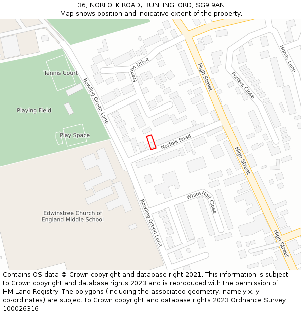 36, NORFOLK ROAD, BUNTINGFORD, SG9 9AN: Location map and indicative extent of plot