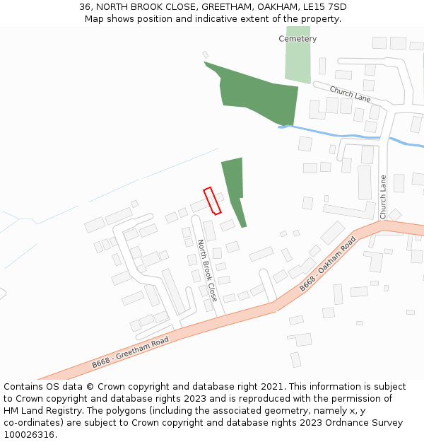 36, NORTH BROOK CLOSE, GREETHAM, OAKHAM, LE15 7SD: Location map and indicative extent of plot