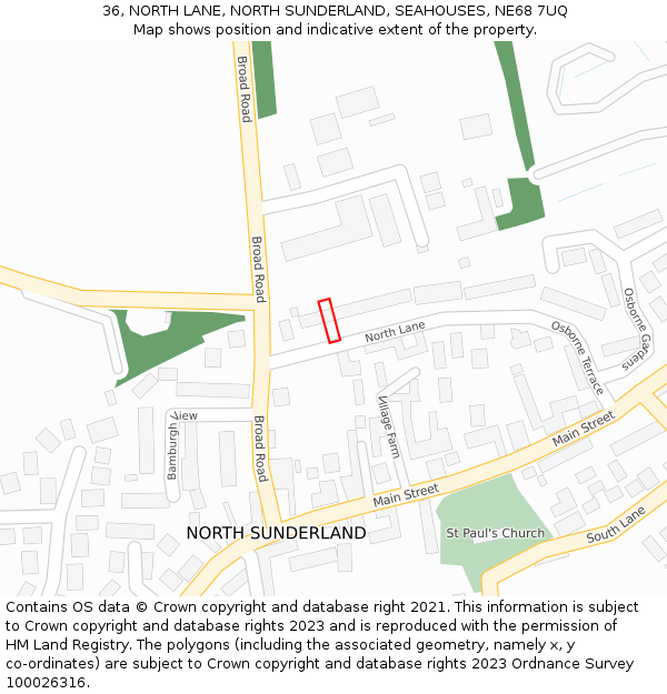 36, NORTH LANE, NORTH SUNDERLAND, SEAHOUSES, NE68 7UQ: Location map and indicative extent of plot