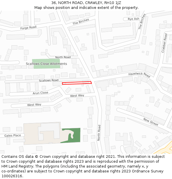 36, NORTH ROAD, CRAWLEY, RH10 1JZ: Location map and indicative extent of plot