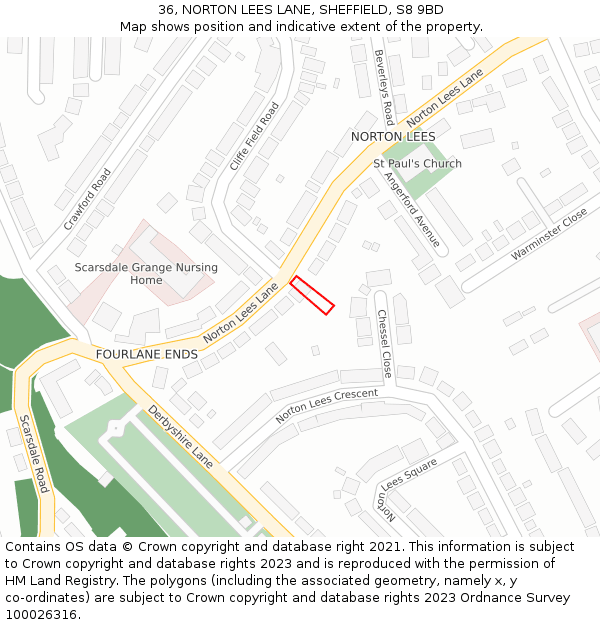 36, NORTON LEES LANE, SHEFFIELD, S8 9BD: Location map and indicative extent of plot