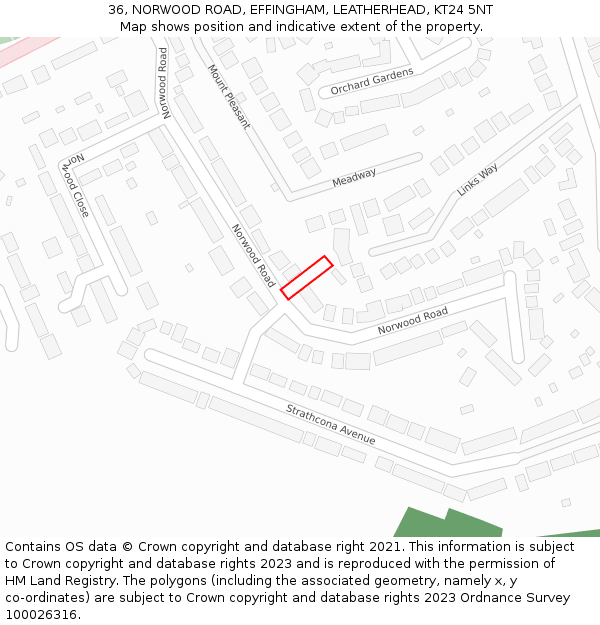 36, NORWOOD ROAD, EFFINGHAM, LEATHERHEAD, KT24 5NT: Location map and indicative extent of plot