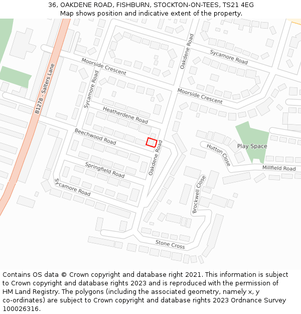 36, OAKDENE ROAD, FISHBURN, STOCKTON-ON-TEES, TS21 4EG: Location map and indicative extent of plot