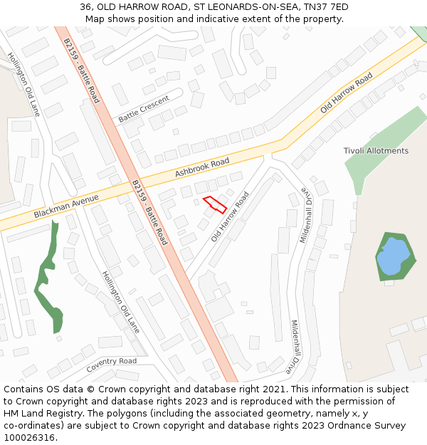 36, OLD HARROW ROAD, ST LEONARDS-ON-SEA, TN37 7ED: Location map and indicative extent of plot