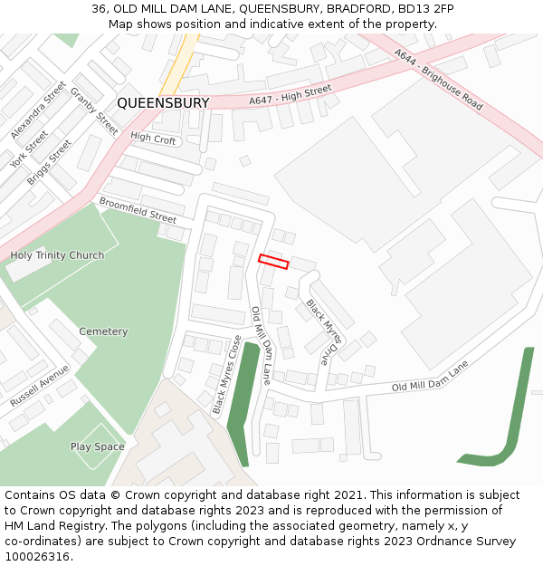 36, OLD MILL DAM LANE, QUEENSBURY, BRADFORD, BD13 2FP: Location map and indicative extent of plot