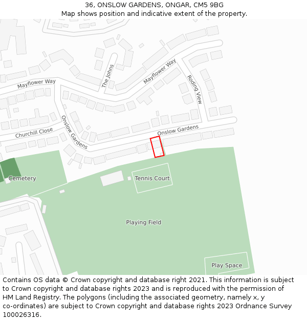 36, ONSLOW GARDENS, ONGAR, CM5 9BG: Location map and indicative extent of plot