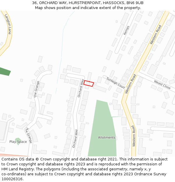 36, ORCHARD WAY, HURSTPIERPOINT, HASSOCKS, BN6 9UB: Location map and indicative extent of plot