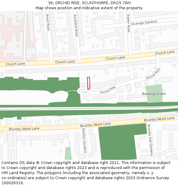 36, ORCHID RISE, SCUNTHORPE, DN15 7AN: Location map and indicative extent of plot