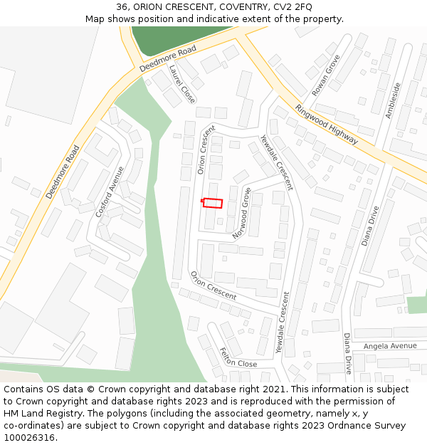 36, ORION CRESCENT, COVENTRY, CV2 2FQ: Location map and indicative extent of plot